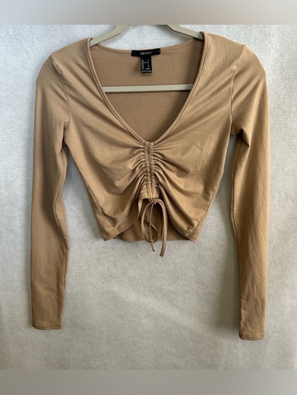 Forever 21 Tan Ruched Drawstring V-Neck Long Sleeve Crop Top